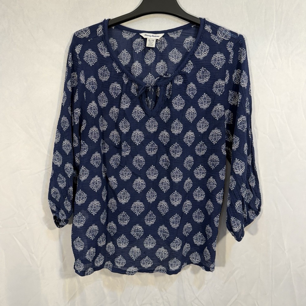 Tommy Bahama Navy Blue White Printed Tunic Blouse